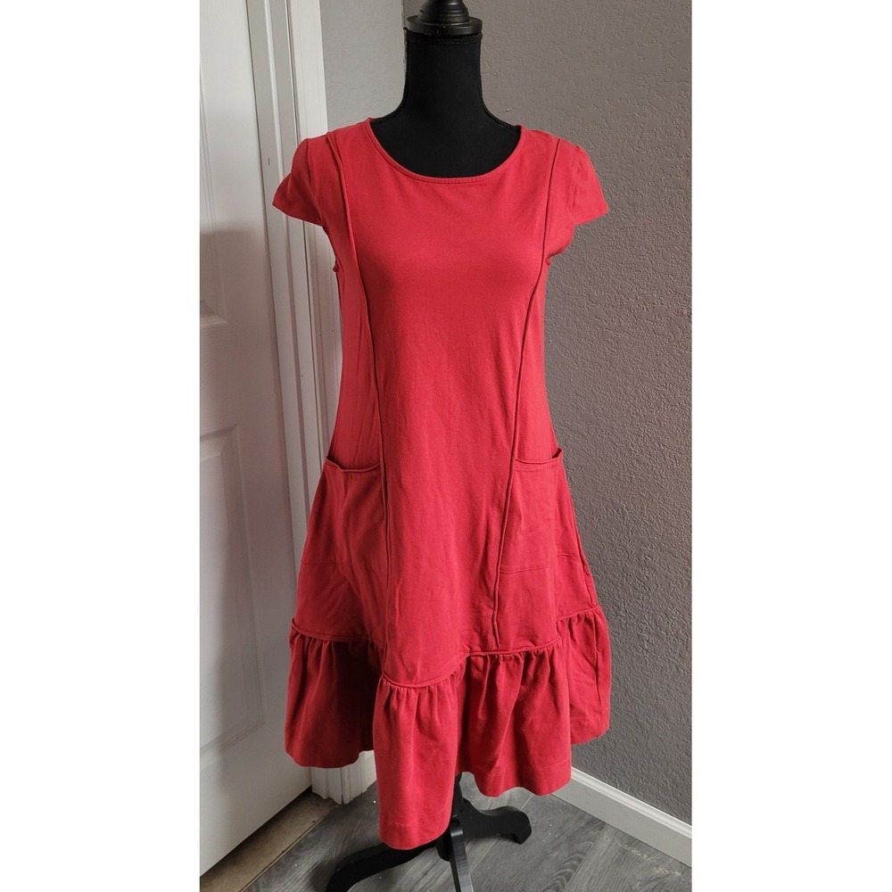 OSO Casuals Fleuri A-line Swing Midi Red Dress Cap Sleeve Front Pockets Women XS
